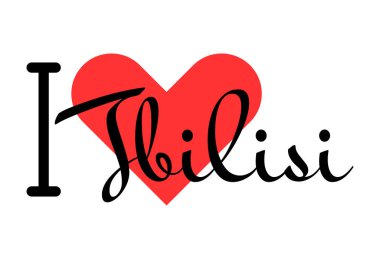 Gürcistan 'daki Tiflis' i seviyorum. Kırmızı kalpli el yazısıyla yazılmış mektuplar. Vektör illüstrasyonu, modern tasarım