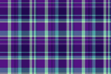 Tekstil dokusu dikişsiz kuruluyor, tartan desenini kontrol edin. Kişisel vektör arkaplan kumaş ekoseli menekşe ve cyan renk paleti.