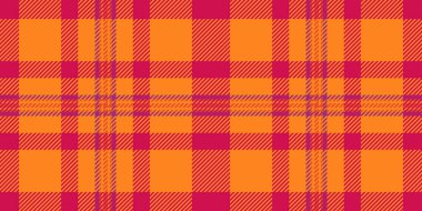 İndirimli kumaş arka planı, ekose doku vektörü. Kırmızı ve canlı mandalina renk paletinde desensiz tekstil tartanı göster.