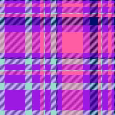 Sanat kusursuz kontrol dokusu, yün vektör kumaşı. Mor ve pembe renk paletinde renk desenli tartan arkaplan tekstili.