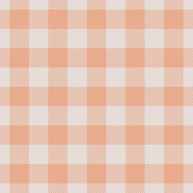 Kıyafet kontrolü vektörü kusursuz, pamuk desenli arka plan. Kadın tekstil kumaş ekose kumaş beyaz ve turuncu renk paleti.