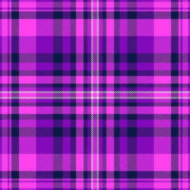Kral arka plan ekose kumaşı, resmi tartan dokusu. Mor renk paletinde ve mor renkte ciltsiz vektör dokusu.