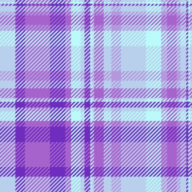 Yetenekli kumaş kumaş, sahne desenli ekoseli dikiş. Menekşe ve açık renk paletinde arka plan vektör dokusu denetimini okşa.