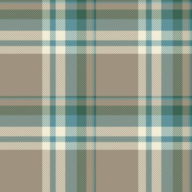 Kusursuz arka plan vektörü, soluk tekstil desenli ekose. Tartan desenini pastel ve cyan renk paletiyle kontrol et.