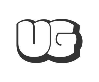 UG logosu, baloncuk komedi harfleri, graffiti stili siyah beyaz siluet şeklinde yuvarlak. Festival partisi, kişisel baş harfler, çocuklar için funky prinky ve web için Moda Anaokulu ve G harfi.