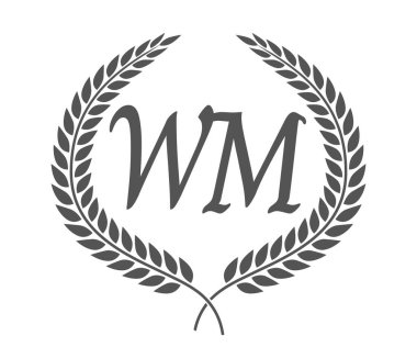 İlk harf W ve M, WM monogram logo tasarımı defne çelengi. Kaligrafi yazı tipli lüks amblem.