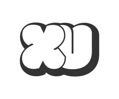 XU logosu, balon komedi harfleri, graffiti stili siyah beyaz siluet şeklinde yuvarlanmış. Festival partisi için popüler anaokulu X ve U harfi metni, kişisel baş harfler, çocuklar için funky print ve web.