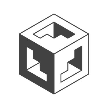 Küp logosu, geometrik vektör tasarımı. Siyah ve beyaz kutu logotip şirketi, izometrik 3 boyutlu teknoloji amblemi..