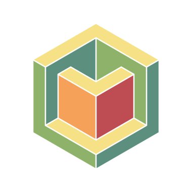 Küp logosu, geometrik vektör tasarımı. Kutu logoti şirketi, izometrik 3 boyutlu teknoloji amblemi.