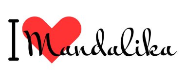 I love Mandalika, city of Indonesia. Hand drawn letters with red heart. Vector illustration lettering, modern design clipart