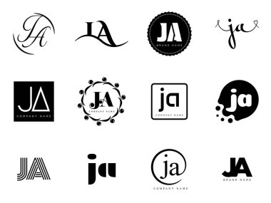 JA logo şirketi şablonu. J harfi ve logoti. Tasarım elemanları ile farklı klasik serif harfleri ve modern kalın metin ayarla. İlk yazı tipi tipografisi.