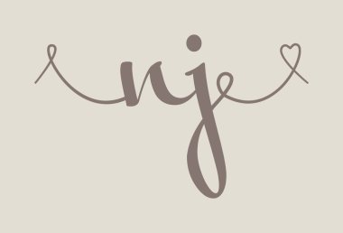 NJ 'in ilk düğün monogramı kaligrafi vektör illüstrasyonu. Sevgililer Günü posteri ve tebrik kartı için el çizimi harfleri n ve j aşk logosu tasarımı