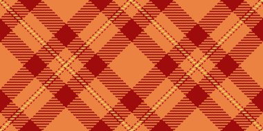 Kanepe tekstil kontrol kumaşı, ekose desenli arka plan. Parça desenli turuncu ve kırmızı renklerde tartansız vektör.
