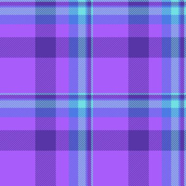Karmaşık tartan ekoseli, yay kumaş desenli vektör. Mor ve çivit renk paletinde eğri desenli tekstil dikişsiz arkaplan.