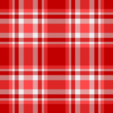 Temel tekstil desenli ekose, karmaşık, pürüzsüz vektör kumaşı. Kanada desenli tartan kontrol arkaplanı kırmızı ve beyaz renk paleti.