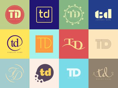 TD logo şirketi şablonu. Harf t ve d logotype. Tasarım elemanları ile farklı klasik serif harfleri ve modern kalın metin ayarla. İlk yazı tipi tipografisi.