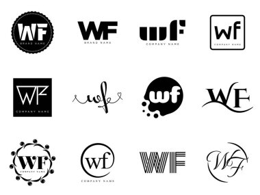 WF logo şirketi şablonu. Harf w ve f logoti. Tasarım elemanları ile farklı klasik serif harfleri ve modern kalın metin ayarla. İlk yazı tipi tipografisi.
