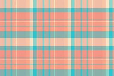 Süslü, arka planda iz bırakmayan, dekoratif kumaşlı ekose kumaş. Parça vektör dokusu kırmızı ve cyan renk paletinde tekstil deseni.