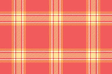 Kürklü kumaş kumaş tartan, özelleştirilmiş doku vektörü. Kırmızı ve turuncu renk paletinde ipeksiz ekose kontrol arkaplanı.
