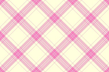 Yay vektör tekstil dokusu, ev yapımı kusursuz kontrol kumaşı. Açık sarı ve Farsça pembe renk paletinde biçimlendirilmiş desenli ekose arka plan tartanı.