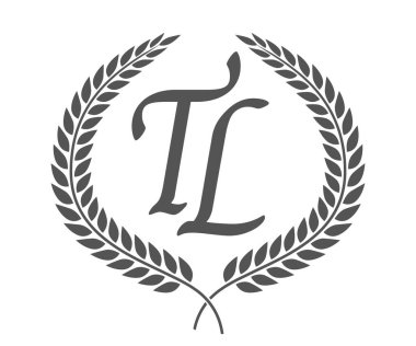 Baş harf T ve L, defne çelenkli TL monogram logo tasarımı. Kaligrafi yazı tipli lüks amblem.
