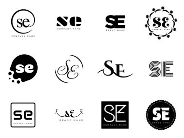 SE logo şirketi şablonu. Harfler ve e logoti. Tasarım elemanları ile farklı klasik serif harfleri ve modern kalın metin ayarla. İlk yazı tipi tipografisi.