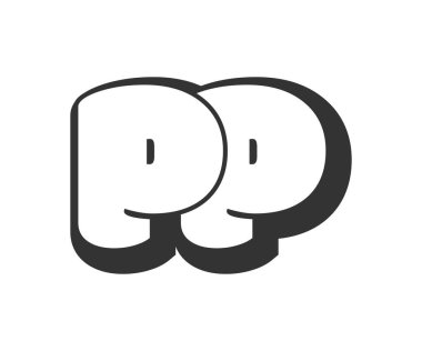 PP logosu, karikatür harfleri, graffiti stili siyah beyaz siluet şeklinde yuvarlak. Festival partisi için popüler P ve P harfi metni, kişisel baş harfler, çocuklar için funky prinky ve web.