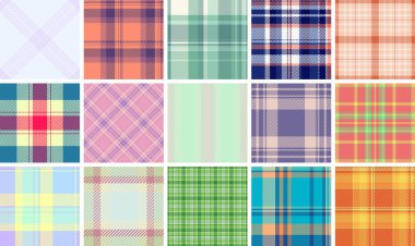 16 canlı ekose desenli koleksiyon. Tekstil tasarımı, moda, web siteleri ya da dokulu ve şık bir arka plana ihtiyaç duyan her proje için mükemmel..