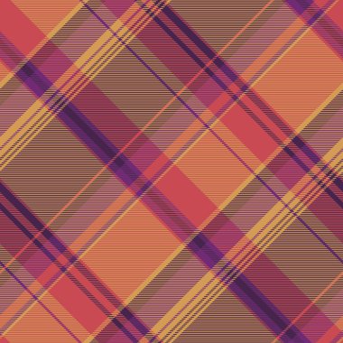 Fibröz arka plan vektörü pürüzsüz, yaz dönemi desenli ekose kontrolü. Turuncu ve koyu renk paletli tropik desenli tartan kumaş..