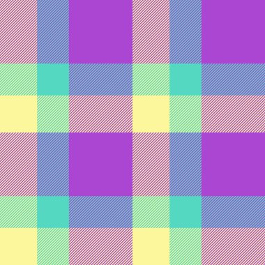Görkemli doku kontrolü, karmaşık tekstil dikişsiz ekose kumaş. Mor ve sarı renk paletinde geniş tartan arkaplan vektör deseni.