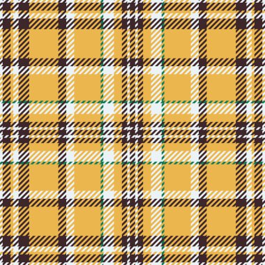 Canlı sarı, kahverengi ve beyaz ekose desenli. Tekstil tasarımı, moda, giyim veya web sitesi geçmişi için mükemmel. Kusursuz tekrarlama dokusu herhangi bir projeye görsel ilgi ekler.