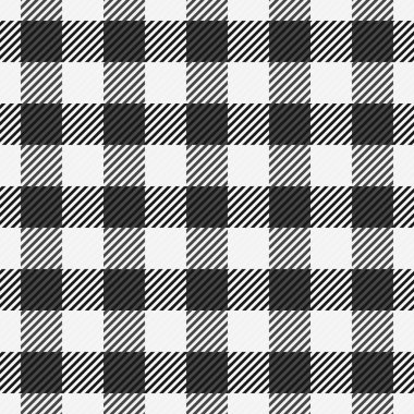 Meşhur kusursuz tekstil ekoseli, hippi kumaşlı arka plan tartanı. Beyaz ve siyah renk paletinde doku desen vektörünü kontrol et.