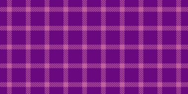 1950 'lerin tekstil desenli kumaşı, doku vektör arkaplanı. Popüler ekose, mor ve pembe renk paletinde kusursuz tartan denetimi.