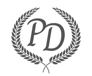 Baş harf P ve D, PD monogram logo tasarımı ve defne çelengi. Kaligrafi yazı tipli lüks amblem.