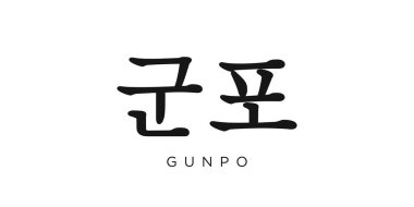 Gunpo Kore ambleminde baskı ve internet için. Tasarım, modern yazı tipinde cesur tipografiye sahip geometrik stil, vektör illüstrasyonuna sahiptir. Beyaz arkaplanda izole edilmiş grafiksel slogan harfleri.