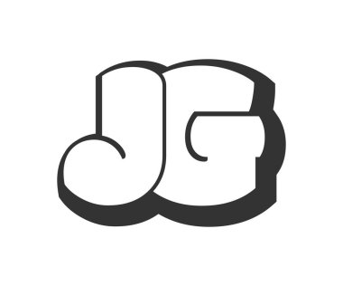 JG logosu, karikatür harfleri, graffiti stili siyah beyaz siluet şeklinde yuvarlak. Festival partisi için popüler anaokulu J ve G harfi metni, kişisel baş harfler, çocuklar için funky prinky ve web.