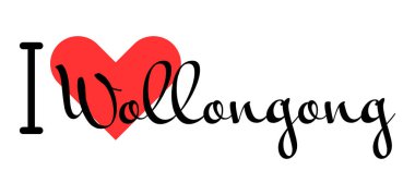 Avustralya 'nın Wollongong şehrini seviyorum. Kırmızı kalpli el yazısıyla yazılmış mektuplar. Vektör illüstrasyonu, modern tasarım