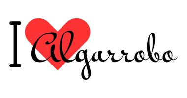 Şili 'nin Algarrobo şehrini seviyorum. Kırmızı kalpli el yazısıyla yazılmış mektuplar. Vektör illüstrasyonu, modern tasarım