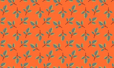 Canlı turuncu arka plan, ince dallarda biçimlendirilmiş deniz mavisi ve zeytin yeşili yapraklardan oluşan pürüzsüz bir desen içerir. Tekstil baskıları, duvar kağıdı, ambalaj ve web sitesi tasarımı için mükemmel.