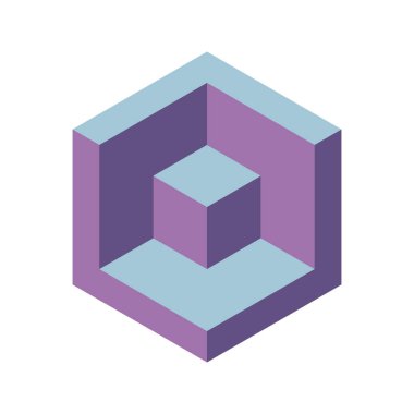 Yumuşak mor ve mavi renkte iç içe geçmiş küplerin çarpıcı izometrik çizimi. Minimalist tasarımlar, teknik sunumlar ya da modern geometrik arka plan için mükemmel..