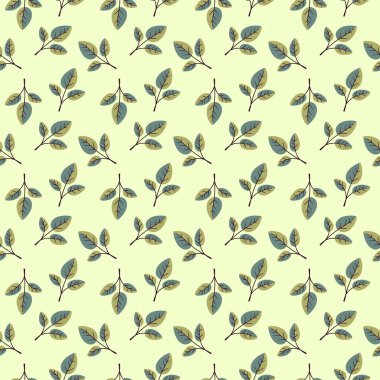 Soluk sarı arka planda stilize edilmiş yeşil ve mavi yapraklar içeren büyüleyici, pürüzsüz desen. Tekstil tasarımı, duvar kâğıdı, ambalaj ve daha fazlası için mükemmel. Taze, doğal bir estetik sunuyor..