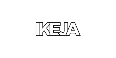 Ikeja Nijerya ambleminde baskı ve ağ için. Tasarım, modern yazı tipinde cesur tipografiye sahip geometrik stil, vektör illüstrasyonuna sahiptir. Beyaz arkaplanda izole edilmiş grafiksel slogan harfleri.