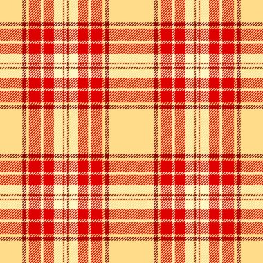 Ekose tekstil dikişsiz, vektör kontrol kalıbını kutlayın. Kehribar ve kırmızı renk paletinde gençlik tartan kumaş dokusu.