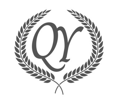 Q ve Y harfleri, defne çelenkli QY monogram logo tasarımı. Kaligrafi yazı tipli lüks amblem.