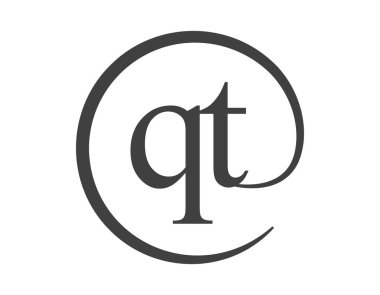 Çember şeklinde e-posta işareti tarzında iki harften QT logosu. İş dünyasının Q ve T yuvarlak logosu