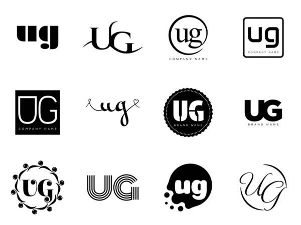 UG logo company template. Letter u and g logotype. Set different classic serif lettering and modern bold text with design elements. Initial font typography.