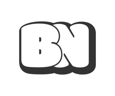 BN logosu, karikatür harfleri, graffiti stili siyah beyaz siluet şeklinde yuvarlak. Festival partisi için modaya uygun B ve N harf metni, kişisel baş harfler, çocuklar için funky prinky ve web.