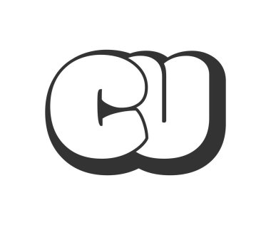 CU logosu, balon komedi harfleri, graffiti stili siyah beyaz siluet şeklinde yuvarlanmış. Festival partisi için modaya uygun C ve U harfi metni, kişisel baş harfler, çocuklar için funky prinky ve web.