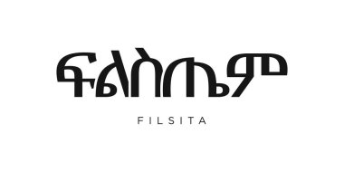 Etiyopya ambleminde baskı ve ağ için Filsita. Tasarım, modern yazı tipinde cesur tipografiye sahip geometrik stil, vektör illüstrasyonuna sahiptir. Beyaz arkaplanda izole edilmiş grafiksel slogan harfleri.