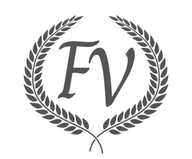 İlk harf F ve V, defne çelenkli FV monogram logo tasarımı. Kaligrafi yazı tipli lüks amblem.